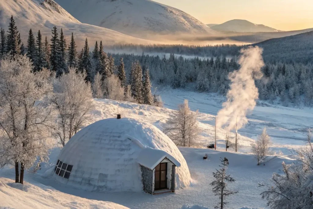 Panoramic twilight view of an Ice Hotel Iceland with glowing domes, snow paths, and aurora-filled skies.