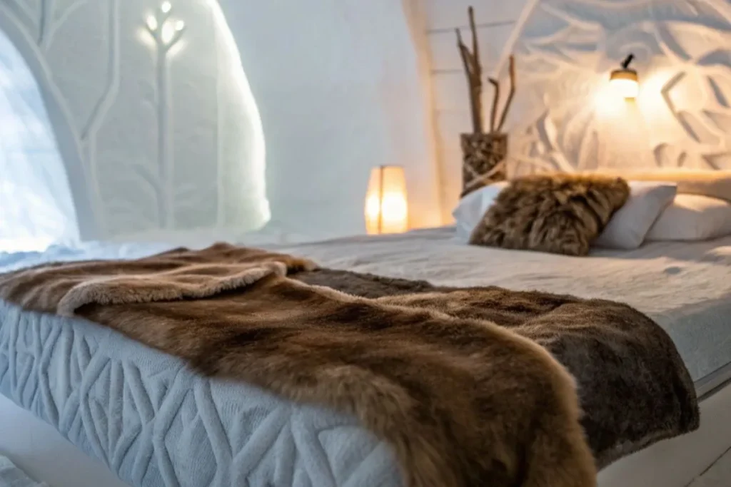 Tourists admiring an illuminated Ice Hotel Iceland under the Northern Lights in a snowy landscape.