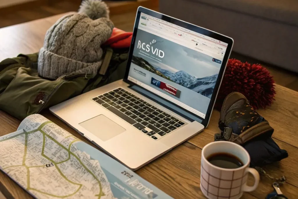 Winter travel essentials and a laptop showing an Ice Hotel Iceland booking page on a wooden desk.