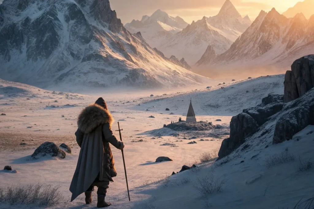 How Frozen Landscapes Shape the Best Fantasy Adventures A lone traveler stands in a vast frozen fantasy landscape surrounded by towering ice mountains and glowing sunrise light, with ancient ruins buried in snow beneath an aurora-filled sky.