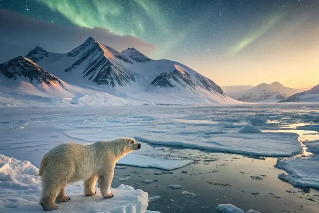 How Animals Survive the Extreme Cold: Secrets of the Frozen Wild A polar bear standing on a glacier in a vast frozen wilderness with glowing aurora skies.