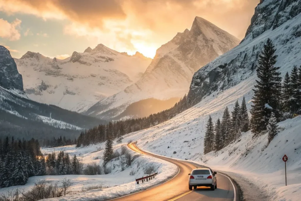 Car driving along a scenic snow-covered mountain road during sunrise on a winter road trips .”