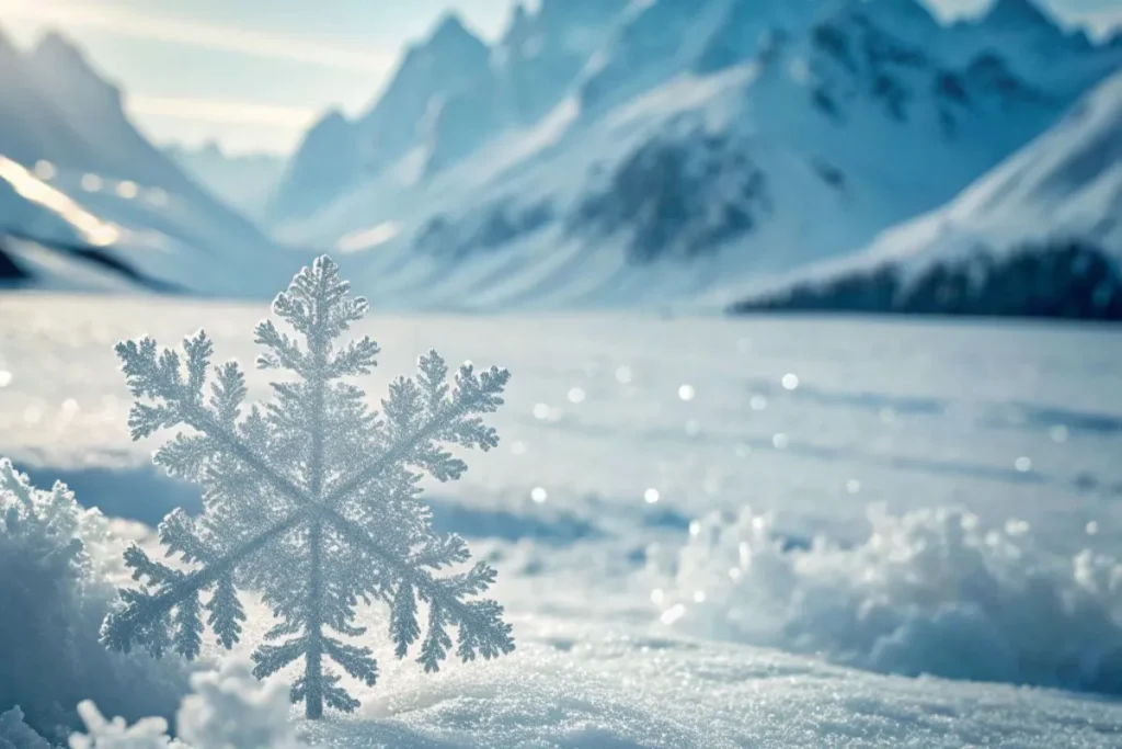 The Science Behind Ice and Snow — Nature’s Coldest Wonders Close-up of intricate snowflakes blending into a vast icy landscape with glaciers and mountains, illustrating the science behind ice and snow.