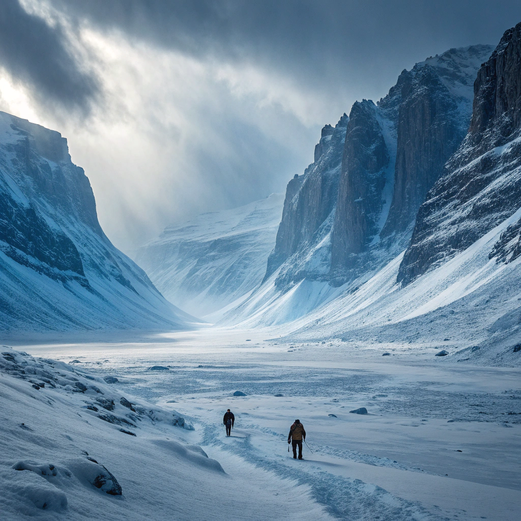A group of adventurers cross an endless icy wilderness under a swirling snowstorm, with jagged blue cliffs and deep snow tracks showing their struggle through the frozen frontier.