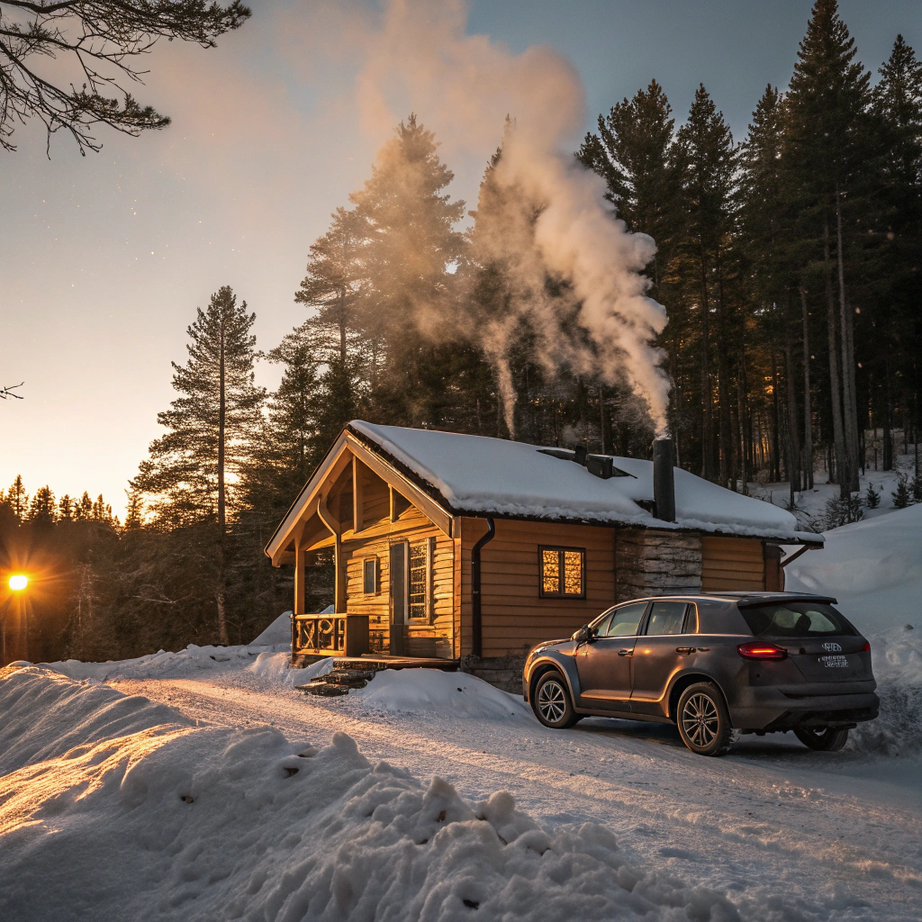 “Wooden cabin surrounded by snow with smoke rising from the chimney during a winter getaway.” Winter road trips