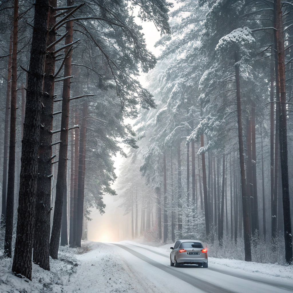 “Car driving along a scenic snow-covered mountain road during sunrise on a winter road trips.”