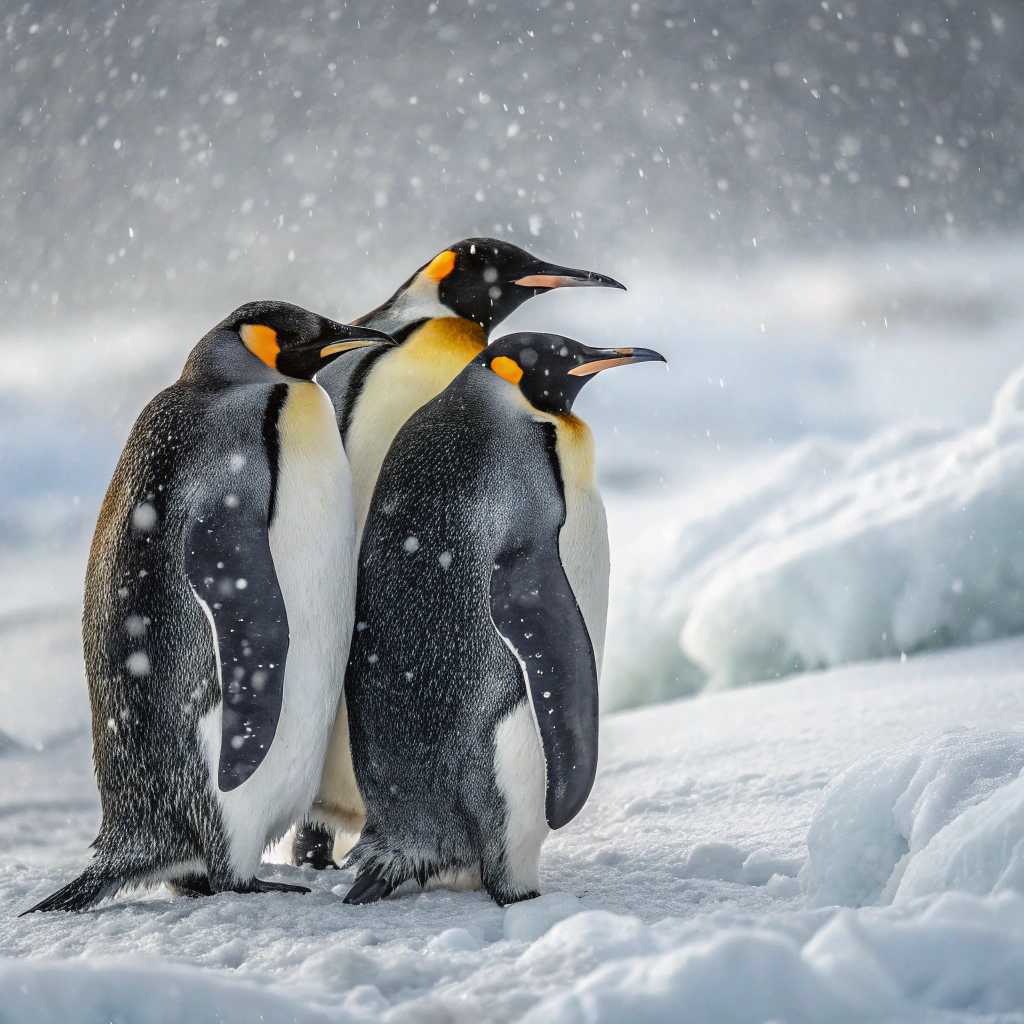 Emperor penguins huddled together on ice, using communal warmth to survive the harsh Antarctic cold.