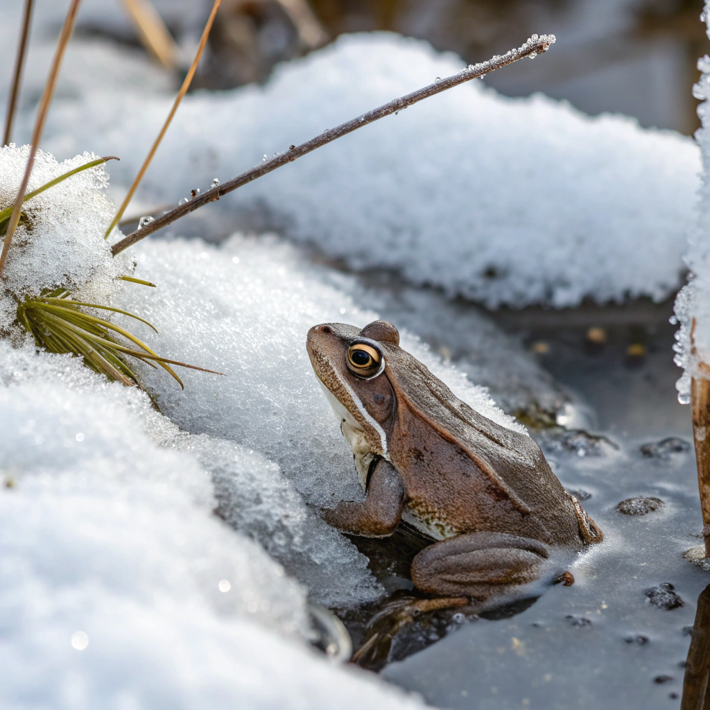 Wood frog partially frozen in ice, demonstrating natural antifreeze adaptation in extreme cold.