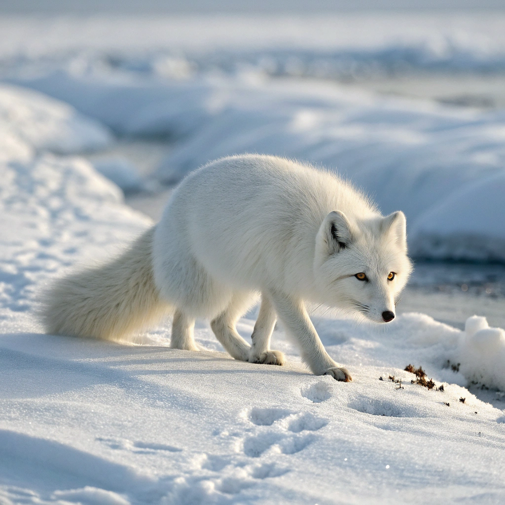 Arctic fox with dense white fur camouflaged in the snowy tundra, illustrating cold adaptation.