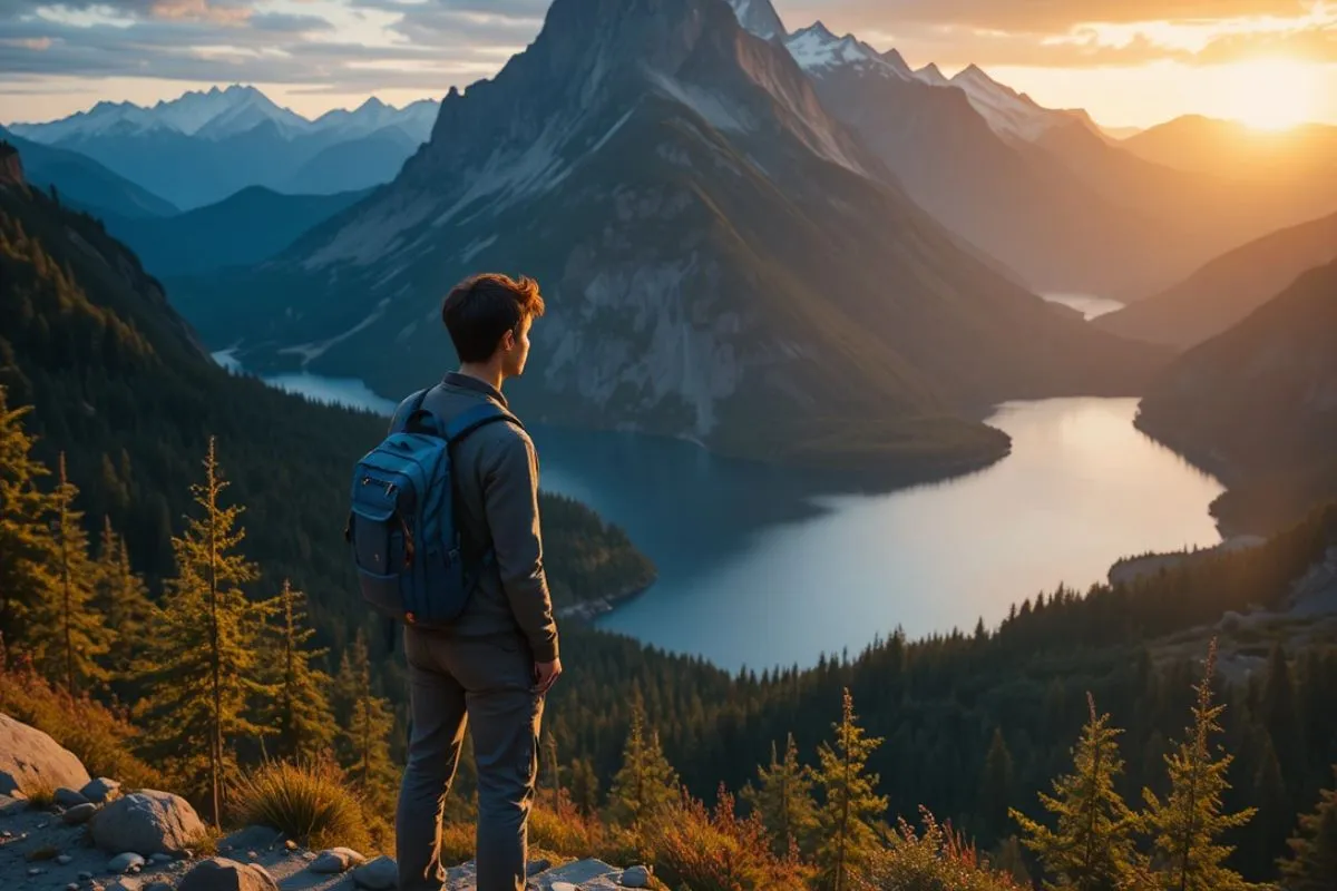 Traveler with backpack standing near mountains and lake during golden hour