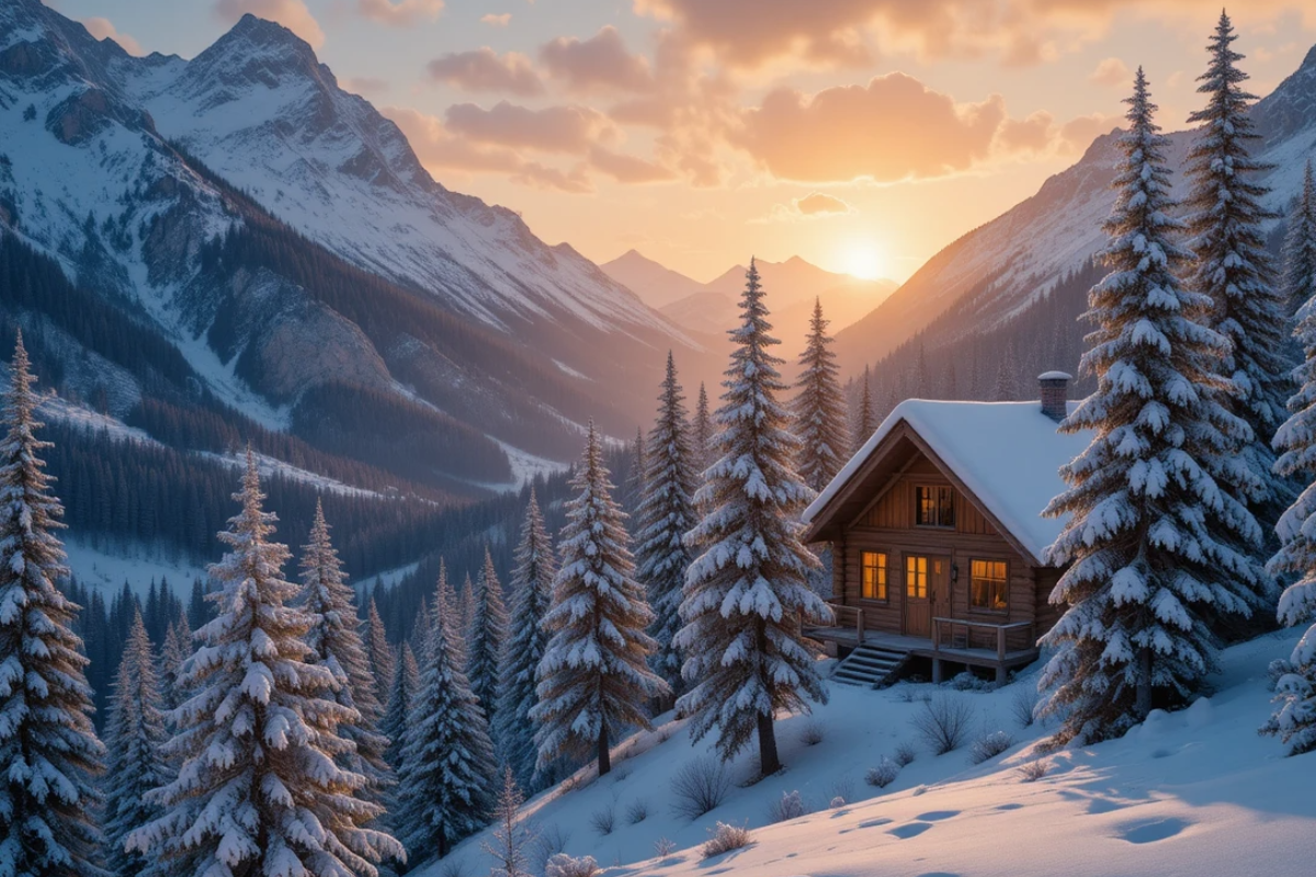 Snow-covered mountains with a cozy winter cabin during sunset